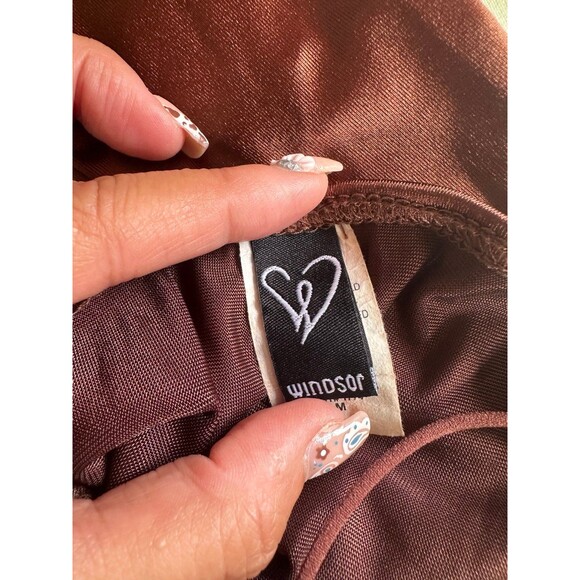 Windsor Sultry Strappy Stretch Cord Open Back Satin Brown Bodycon Mini Dress M - Picture 7 of 8